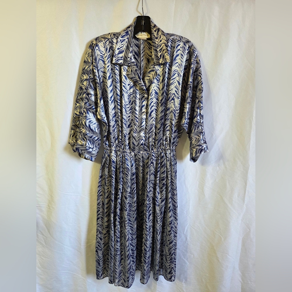Vintage Elegant Blue and Cream Dress Size 12 Damon Petite Made In USA
